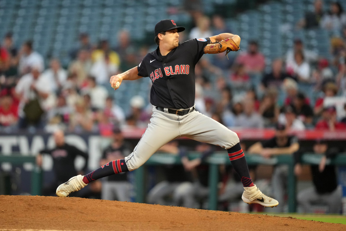 Sep 7, 2023; Anaheim, California, USA; Cleveland Guardians starting pitcher Cal Quantrill (47) throws in the first inning against the Los Angeles Angels at Angel Stadium.